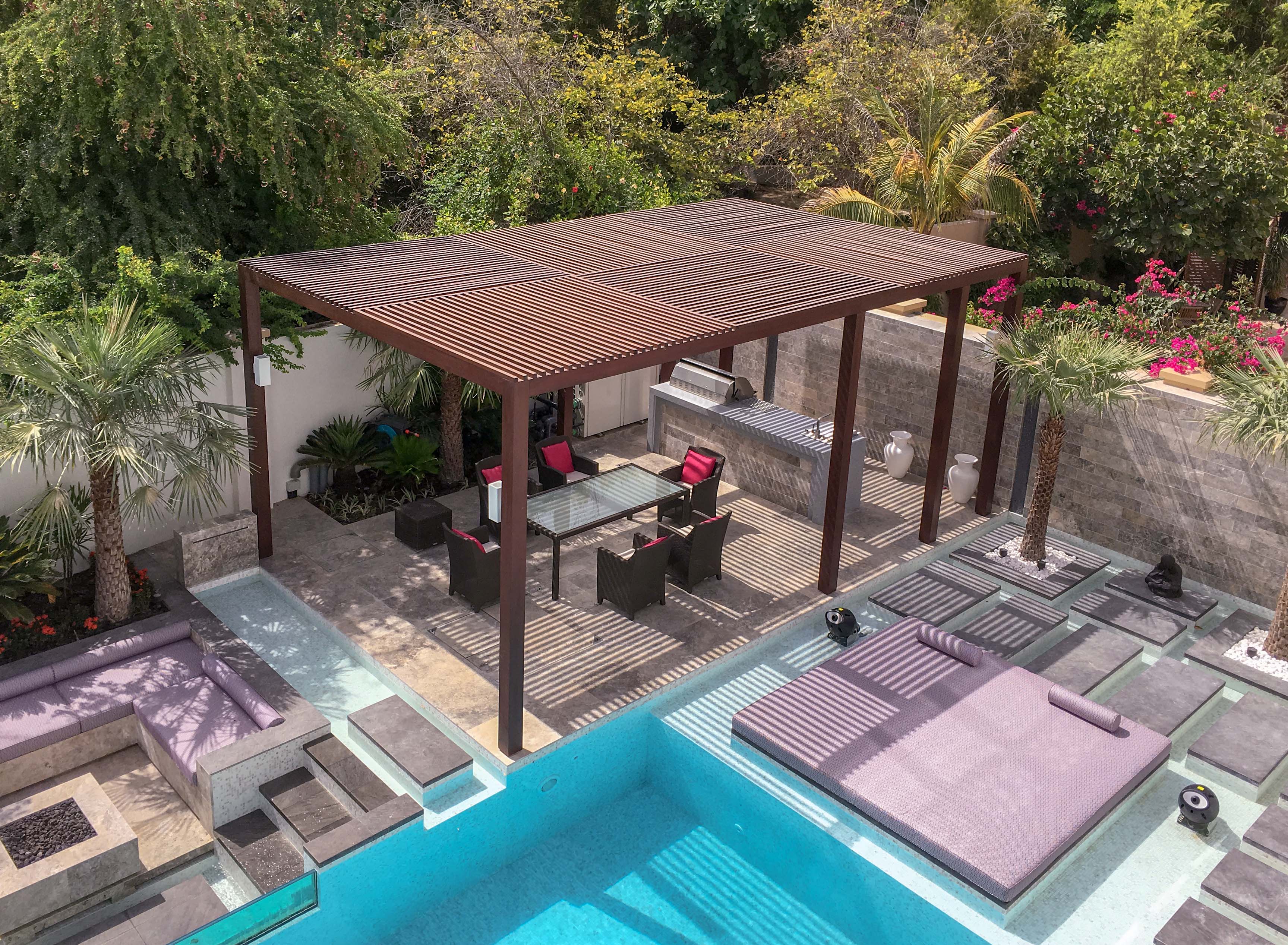 Aqua, Backyard, Composite material, Courtyard, Eco hotel, Garden, Landscaping, Outdoor furniture, Outdoor structure, Outdoor table, Patio, Pergola, Property, Rectangle, Resort, Roof, Shade, Sunlounger, Swimming pool, Teal, Yard